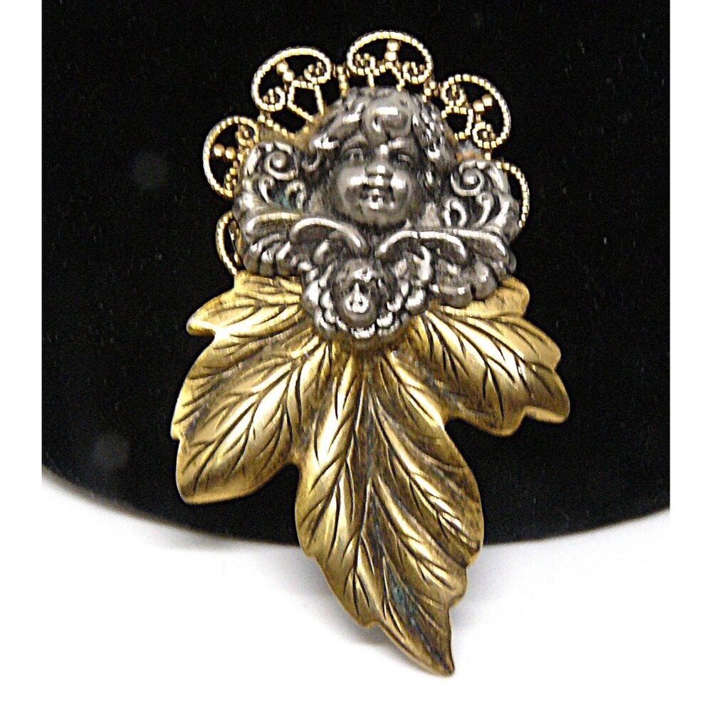 Vintage Cherub & Leaf Brooch Pin Gold-Tone & Silver-Tone Metal Filigree Design